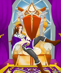 Rule 34 | 1boy, absurdres, animal print, asnesbo, belt, black belt, black pants, blush, boots, brown boots, brown hair, capelet, chain, cheese, collarbone, commission, cow print, cracker, cross, cross print, crown, curtains, fangs, food, full moon, fur-trimmed boots, fur-trimmed capelet, fur trim, highres, holding, holding food, indie virtual youtuber, king, knife, long hair, moon, night, night sky, open mouth, pants, print belt, print capelet, purple capelet, purple theme, rug, sarzac, shirt, sitting, sky, swiss cheese, teeth, the laughing cow, throne, throne room, virtual youtuber, white shirt, window, yellow eyes