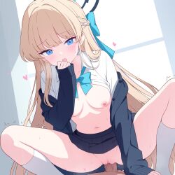 1boy 1girl absurdres blonde_hair blue_archive blue_eyes blue_halo blue_jacket blue_skirt breasts commentary cowgirl_position girl_on_top halo heart hetero highres jacket jyt kneehighs long_hair long_sleeves medium_breasts miniskirt navel nipples official_alternate_costume open_mouth paid_reward_available shirt skirt sleeves_past_wrists socks spread_legs squatting_cowgirl_position straddling toki_(blue_archive) toki_(school_uniform)_(blue_archive) uncensored variant_set very_long_hair white_shirt white_socks