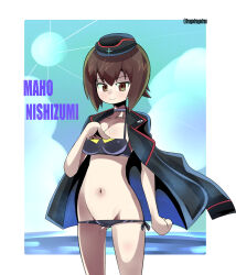 Rule 34 | 1girl, bikini, black bikini, black hat, black jacket, blue sky, breasts, brown eyes, brown hair, character name, choker, closed mouth, cloud, cloudy sky, cowboy shot, day, dragodragodran, garrison cap, girls und panzer, groin, halterneck, hand on own chest, hat, highres, horizon, insignia, jacket, jacket on shoulders, kuromorimine military uniform, long sleeves, looking at viewer, lowleg, lowleg bikini, medium breasts, military hat, navel, nishizumi maho, ocean, outdoors, short hair, side-tie bikini bottom, sky, smile, solo, standing, swimsuit, twitter username, wind