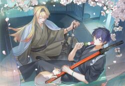 2boys absurdres aji_11300913 barefoot black_hairband black_robe black_sash blonde_hair blue_sash bracelet brown_robe cape character_request closed_eyes commentary commission copyright_request english_commentary flower food full_body grey_cat hair_between_eyes hairband hashtag-only_commentary highres holding holding_food holding_removed_eyewear holding_sword holding_weapon indoors jewelry long_hair looking_at_viewer male_focus mole mole_on_neck multiple_boys on_floor open_mouth purple_eyes purple_hair robe sash short_hair sitting sword tree unworn_eyewear weapon white_cape wide_sleeves yellow_cat