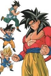 1boy absurdres black_hair blue_sash body_fur dougi dragon_ball dragon_ball_gt highres long_hair looking_at_viewer male_focus monkey_boy monkey_tail multiple_persona muscular muscular_male nakatsuru_katsuyoshi no_nipples official_art pants pectorals red_fur saiyan sash short_hair smile son_goku spiked_hair super_saiyan super_saiyan_1 super_saiyan_4 tail yellow_pants