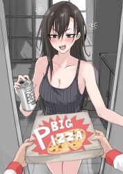1boy 1girl absurdres beer_can black_eyes black_hair breasts camisole can doorway drink_can drunk fuku_(fuku12290574) highres large_breasts long_hair original pizza_box pov pov_doorway