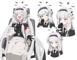 1girl armband black_cat03 black_gloves blue_archive blush closed_eyes flower gloves grin hair_flower hair_ornament hair_tubes hairband highres himari_(blue_archive) jacket long_hair long_sleeves looking_at_viewer nazi open_mouth pointy_ears powered_wheelchair purple_eyes red_armband simple_background smile striped_clothes striped_hairband wheelchair white_background white_hair white_jacket
