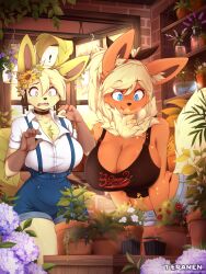 ! 2girls ahoge alternate_color animal_ear_fluff animal_ears artist_name bare_arms bare_shoulders blonde_hair blue_eyes body_fur breasts breath_weapon breathing_fire cleavage commentary day denim denim_shorts embers english_commentary fire flareon flower flower_shop furrification furrowed_brow furry furry_female gen_1_pokemon gen_4_pokemon green_fur hair_between_eyes hair_flower hair_ornament hands_up high_ponytail highres huge_breasts indoors leafeon leaning_forward long_hair looking_at_another looking_at_flowers looking_at_object midriff multiple_girls nervous nintendo open_mouth personification pocket pokemon pokemon_(creature) ponytail red_fur shiny_pokemon shirt shop short_hair short_shorts short_sleeves shorts smile standing stomach suspender_shorts suspenders swept_bangs tail tank_top teranen two-tone_fur white_shirt window yellow_eyes yellow_fur