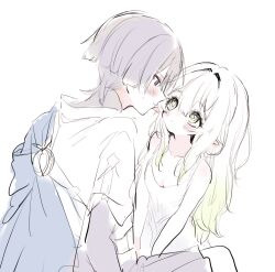 1boy 1girl alternate_costume alternate_hairstyle arm_at_side arms_at_sides bare_shoulders blue_cape blush bodysuit breasts bridal_gauntlets camisole cape cleavage closed_mouth cross-shaped_pupils eye_contact eyelashes eyeliner eyeshadow genshin_impact green_eyes grey_eyes grey_shorts hair_between_eyes hair_down hair_intakes hetero highres hirarinoie japanese_clothes kimono long_hair looking_at_another makeup nahida_(genshin_impact) partially_colored pink_bodysuit pink_hair red_eyeliner red_eyeshadow scaramouche_(genshin_impact) short_sleeves shorts sidelocks sketch sweatdrop symbol-shaped_pupils turtleneck turtleneck_bodysuit wanderer_(genshin_impact) white_camisole white_hair white_kimono white_sleeves