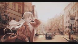1girl bag blue_hair braid brown_coat building car coat day doyamemo_f fate/grand_order fate_(series) grey_eyes grey_hair handbag highres johanna_(fate) long_hair looking_at_viewer motor_vehicle multicolored_hair open_mouth outdoors photo_background road road_sign sign smile solo street sweater tree turtleneck turtleneck_sweater two-tone_hair upper_body