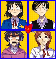 Rule 34 | 4girls, anger vein, angry, arrow through heart, black hair, black sweater vest, blazer, blue jacket, blunt bangs, blush, braid, brown eyes, brown hair, closed mouth, collared shirt, commentary request, constricted pupils, dress shirt, frown, fujii ayame, furious, futsuu no keion-bu, green eyes, grid background, hair ornament, hairpin, hand on own chin, hatono chihiro, heartbreak (futsuu no keion-bu), highres, hood, hood down, hoodie, jacket, kouyama rin, long hair, mole, mole under eye, multicolored hair, multiple girls, neck ribbon, parted bangs, parted lips, pink hoodie, pixie cut, portrait, purple eyes, purple hair, qrioic74, red ribbon, ribbon, scene reference, school uniform, shaded face, shirt, short hair, sweater vest, swept bangs, teeth, twin braids, twintails, two-tone hair, uchida momo, upper body, white shirt, wing collar, wolf cut, yellow background