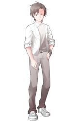 0_0 1boy arm_at_side blazer brown_hair cevio checkered_bracelet collared_shirt commentary_request converse dairi full_body grey_pants grey_shoes hand_on_own_hip highres jacket large_variant_set looking_at_viewer male_focus open_mouth pants shirt shoes short_hair sleeves_rolled_up sneakers solo standing tachi-e takahashi_amato transparent_background triangle_mouth variant_set white_jacket white_shirt wing_collar