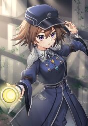 1girl agibe arm_up blush book breasts brown_hair duel_monster exosister_sophia flashlight hat highres holding holding_flashlight holding_unworn_clothes holding_unworn_hat jewelry long_sleeves looking_at_viewer medium_breasts necklace open_mouth purple_eyes short_hair solo unworn_hat unworn_headwear yu-gi-oh!