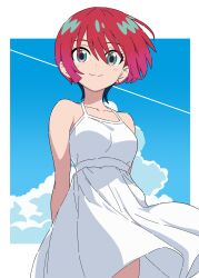 1girl amate_yuzuriha arms_behind_back border clothes_lift cloud cloudy_sky collarbone cumulonimbus_cloud dress gundam gundam_gquuuuuux highres kousuke0912 looking_at_viewer outside_border red_hair short_hair skirt skirt_lift sky smile solo split_mouth sundress white_border white_dress wind