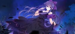 1girl bare_shoulders bead_necklace beads black_dress bow breasts closed_mouth date_a_live date_a_live:_spirit_pledge dress game_cg hair_between_eyes hair_bow jewelry long_hair looking_at_viewer medium_breasts necklace night official_art outdoors purple_eyes purple_hair solo third-party_source tree yatogami_tohka