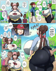 1girl 2boys ass bittercream black_pantyhose blue_eyes blue_shirt blush breasts brown_hair bulge comic covered_erect_nipples curvy day double_bun english_text erection erection_under_clothes gigantic_breasts grabbing_another&#039;s_ass grabbing_another&#039;s_breast groping hair_between_eyes hair_bun hetero highres huge_ass impossible_clothes impossible_shirt long_hair micro_shorts molestation multiple_boys nate_(pokemon) netorare nintendo outdoors paid_reward_available pantyhose poke_ball_print pokemon pokemon_bw2 raglan_sleeves rosa_(pokemon) shirt shorts sidelocks sound_effects twintails two-tone_shirt ugly_bastard visor_cap white_shirt yellow_shorts