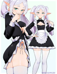 1girl absurdres alternate_costume apron ass breasts cleavage clothes_lift commentary dress dress_lift earrings elf elpipe_3000 english_commentary enmaided frieren green_eyes grin hand_on_own_hip highres jewelry lifting_own_clothes long_sleeves maid maid_apron multiple_views pointy_ears small_breasts smile sousou_no_frieren thighhighs twintails white_hair white_thighhighs zettai_ryouiki