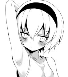 1girl arm_up armpit_crease armpit_focus armpits artist_request blush hairband jashin-chan_dropkick monochrome pekora_(jashin-chan_dropkick) short_hair solo solo_focus tank_top