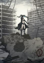 Rule 34 | 1girl, belt, black choker, black coat, black gloves, black gold saw, black hair, black rock shooter, black rock shooter (character), black shorts, blue eyes, boots, choker, city, coat, commentary, commission, dead master, english commentary, flaming eye, gloves, glowing, glowing eye, highres, pale skin, ruins, shorts, strength (black rock shooter), sword, twintails, uneven twintails, weapon, yura s arts