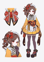 1girl absurdres alternate_costume apron black_gloves black_shoes blonde_hair blush brown_hair chiori_(genshin_impact) closed_mouth commentary dress enmaided frilled_apron frilled_hairband frills genshin_impact gloves hairband hand_up highres long_hair long_sleeves looking_at_viewer maid maid_headdress multicolored_hair multiple_views pantyhose red_eyes shoes sikaku simple_background streaked_hair twitter_username white_apron white_background white_hairband yellow_dress