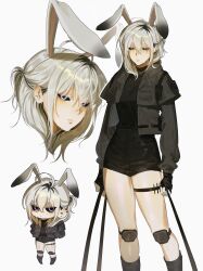 0820_lakia 1girl animal_ears black_hair black_jacket black_sclera black_shirt black_shorts colored_sclera commentary_request highres jacket knee_pads korean_commentary looking_at_viewer medium_hair multicolored_hair multiple_views original rabbit_ears rabbit_girl shirt shorts simple_background streaked_hair turtleneck turtleneck_shirt white_background white_eyes white_hair