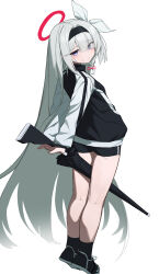 Rule 34 | 1girl, absurdres, arms behind back, black footwear, black shorts, black socks, blue archive, blue eyes, braid, closed mouth, expressionless, from behind, front braid, full body, hair over one eye, halo, highres, holding, holding sword, holding weapon, huaaa nn, leaning back, long hair, looking at viewer, plana (blue archive), red halo, short braid, short shorts, shorts, side braid, simple background, socks, solo, straight hair, sweatdrop, sword, track suit, very long hair, weapon, white background, white hair