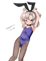 1girl absurdres alternate_costume animal_ear_hairband animal_ears black_bow black_bowtie black_pantyhose bow bowtie dated detached_collar fake_animal_ears feet_out_of_frame flat_chest green_eyes grey_hair hairband highres kantai_collection kinugasa_(kancolle) leotard maru_(marg0613) one-hour_drawing_challenge pantyhose playboy_bunny purple_leotard rabbit_ears rabbit_pose simple_background solo strapless strapless_leotard twitter_username two_side_up white_background wrist_cuffs