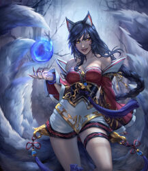 1girl absurdres ahri_(league_of_legends) animal_ear_fluff animal_ears bare_shoulders black_hair braid braided_ponytail breasts cleavage commentary english_commentary facial_mark fox_ears fox_girl fox_tail grin hair_over_shoulder highres kitsune korean_clothes kyuubi large_breasts league_of_legends long_hair looking_at_viewer magic multiple_tails orb outdoors smile solo tail tropic02 yellow_eyes