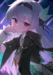 1girl black_hairband black_jacket closed_mouth firefly_(honkai:_star_rail) grey_hair hair_between_eyes hair_ornament hairband hand_up highres honkai:_star_rail honkai_(series) huhi_(huhi_1211) jacket light_blush long_hair long_sleeves looking_at_viewer neckerchief orange_neckerchief puffy_long_sleeves puffy_sleeves purple_eyes shirt short-sleeved_jacket short_sleeves solo white_shirt