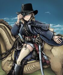 1girl animal blonde_hair blue_eyes blue_sky cisco closed_mouth cloud cloudy_sky dances_with_wolves female_focus genderswap genderswap_(mtf) grass horse horseback_riding john_dunbar liskim looking_at_viewer military_uniform riding sky sword weapon