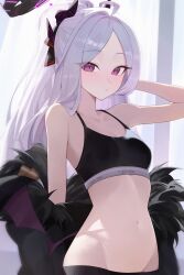 1girl absurdres alternate_costume bare_shoulders black_halo black_jacket black_sports_bra blue_archive blush breasts calvin_klein closed_mouth commentary demon_girl demon_horns fur-trimmed_jacket fur_trim halo highres hina_(blue_archive) horns jacket jacket_partially_removed long_hair looking_at_viewer multiple_horns ponytail purple_eyes single_bare_arm small_breasts solo sports_bra stomach upper_body very_long_hair weimiaw white_hair