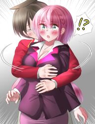 1boy 1girl aqua_eyes black_hair blue_eyes blush bokutachi_wa_benkyou_ga_dekinai braid breasts cleavage closed_eyes collarbone couple dress_shirt glasses grabbing_another&#039;s_breast groping gu~derenko hetero highres hug jacket jewelry kirisu_mafuyu large_breasts long_hair necklace pink_hair school_uniform shirt short_hair simple_background standing teacher teacher_and_student yuiga_nariyuki