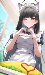 1girl absurdres alternate_costume animal_ears apron black_hair black_halo blue_archive breasts bright_pupils cat_ears enmaided food frilled_apron frills hair_ornament hairclip hairpin halo heart heart_hands highres ketchup large_breasts long_hair looking_at_viewer maid maid_apron maid_headdress omelet omurice puffy_short_sleeves puffy_sleeves red_eyes ringed_eyes rio_(blue_archive) short_sleeves shuvi_(shuvi1125) smile solo very_long_hair white_apron white_pupils