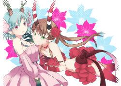 2girls antlers blue_hair bow brown_bow brown_hair c_(control) choker closed_mouth collarbone colored_extremities dress floating flower green_eyes hair_flower hair_ornament hononaka_chitose horns long_eyelashes long_hair long_horns mashu_(control) multiple_girls navel open_mouth pink_dress pink_eyes q_(control) red_flower red_shirt red_skirt shirt skirt smile striped_horns twintails