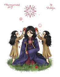 Rule 34 | 2019, 3boys, artist name, barefoot, black hair, brown eyes, closed eyes, closed mouth, collar, elf, elrond, elros, english text, eyelashes, flower, full body, gem, grass, hair flower, hair ornament, harp, hashtag, holding, holding harp, holding instrument, instrument, long hair, maglor, male focus, multiple boys, open mouth, pointy ears, profile, robe, siblings, simple background, sitting, standing, the silmarillion, tolkien&#039;s legendarium, twins, white background, windrelyn