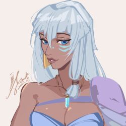 1girl atlantis:_the_lost_empire blue_eyes breasts cleavage commentary_request emase_(foxmoon) hair_between_eyes jewelry kidagakash light_smile long_hair looking_at_viewer parted_lips pendant signature simple_background single_shoulder_pad solo upper_body white_hair