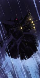 Rule 34 | absurdres, beam cannon, dark, finger cannon, flying, glowing, glowing eye, gundam, highres, hyde (tabakko), looking at viewer, mecha, mecha focus, mobile armor, mobile suit gundam, no humans, one-eyed, outstretched arm, red eyes, robot, science fiction, zeong