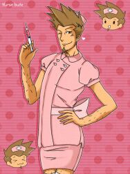 ace_attorney arm_hair blush brown_eyes brown_hair chibi crossdressing facial_hair goatee hand_on_own_hip hat holding holding_syringe larry_butz leg_hair male_focus non-web_source nurse nurse_cap one_eye_closed pink_background smirk spiked_hair syringe