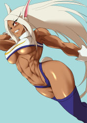 1girl abs absurdres animal_ears arm_behind_head arm_up armpits bare_shoulders blue_panties blue_thighhighs blush boku_no_hero_academia breasts damos_(child_flame) dark-skinned_female dark_skin fur_collar gloves grin highleg highleg_panties highres large_breasts blue_background long_eyelashes long_hair looking_at_viewer mirko muscular muscular_female navel obliques panties parted_bangs rabbit_ears rabbit_girl rabbit_tail red_eyes shiny_skin smile solo sports_bra stomach tail teeth thighhighs thighs underboob underwear very_long_hair white_gloves white_hair white_sports_bra