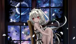 1girl :o ahoge artist_request back_bow bare_arms bare_legs bare_shoulders black_bow black_scrunchie bow dress expressionless eyelashes feet_out_of_frame floating_hair game_cg hair_between_eyes hair_bow hair_intakes hair_ornament hair_scrunchie highres hugging_own_legs indoors irina_kush light_blush light_particles looking_to_the_side low_ponytail magia_record:_mahou_shoujo_madoka_magica_gaiden mahou_shoujo_madoka_magica mahou_shoujo_madoka_magica_magia_exedra night night_sky official_art on_chair parted_lips petals ponytail red_eyes red_pupils scrunchie shooting_star short_dress sitting sky sleeveless sleeveless_dress solo star_(sky) starry_sky sundress tree two_side_up white_dress white_hair wind window