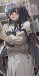 1girl :d bags_under_eyes black_hair blue_archive blush book bookshelf cardigan commentary hairband halo haowei_wu highres jewelry long_hair looking_at_viewer necklace off_shoulder open_mouth pleated_skirt purple_eyes school_uniform serafuku skirt smile solo sweatdrop turtleneck ui_(blue_archive)