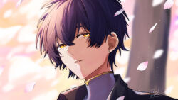 Rule 34 | black hair, black jacket, cherry blossoms, cherry tree, commentary, falling petals, grey shirt, highres, jacket, male rover (wuthering waves), open clothes, open jacket, open mouth, petals, rover (wuthering waves), shirt, solo, sunlight, tree, wuthering waves, yellow eyes, zea