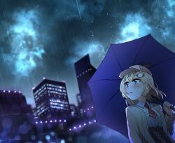1girl absurdres blonde_hair blue_eyes brown_hat brown_jacket city collared_shirt ddolbang deerstalker hair_ornament hat highres holding holding_umbrella hololive hololive_english jacket medium_hair necktie rain red_necktie sad shirt umbrella virtual_youtuber watson_amelia watson_amelia_(1st_costume) white_shirt