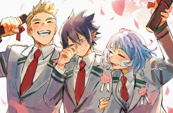 1girl 2boys amajiki_tamaki arm_around_shoulder artist_name black_hair blonde_hair blue_hair blush boku_no_hero_academia cherry_blossoms closed_eyes closed_mouth commentary_request diploma facing_another falling_petals hado_nejire holding holding_diploma kadeart locked_arms looking_down multiple_boys one_eye_closed open_mouth petals pointy_ears rubbing_eyes school_uniform smile thai_commentary togata_mirio