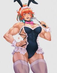 1girl abs alternate_costume alternate_muscle_size biceps blush breasts earrings feather_earrings feathers gradient_hair green_hair hololive hololive_english iskaydi jewelry long_hair looking_at_viewer multicolored_hair muscular muscular_female obliques open_mouth orange_hair purple_eyes simple_background smile solo strong takanashi_kiara thick_thighs thighs toned virtual_youtuber