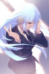 1girl arms_up blue_hair breasts earphones echo_(circa) eyebrows_hidden_by_hair formal_clothes grey_eyes jujutsu_kaisen light light_blue_hair listening_to_music looking_down miwa_kasumi necktie shadow shirt solo suit