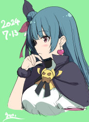 1girl black_capelet black_feathers blue_hair blunt_bangs blush breasts capelet commentary_request cropped_torso dated earrings feather_hair_ornament feathers gengoroh genjitsu_no_yohane green_background hair_bun hair_ornament hand_up heart heart_earrings highres jewelry long_hair love_live! love_live!_sunshine!! medium_breasts parted_lips shirt sidelocks single_side_bun solo tsushima_yoshiko upper_body white_shirt yohane_(genjitsu_no_yohane)
