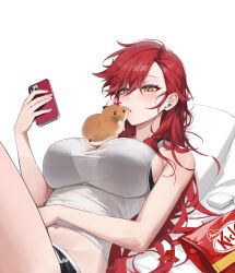 1girl absurdres airpods bare_shoulders black_shorts bra_visible_through_clothes breasts commentary earbuds_charging_case hair_spread_out hamster highres holding holding_phone large_breasts long_hair lying maenoo midriff navel on_back original phone pillow red_hair shorts symbol-only_commentary tank_top white_background white_tank_top wireless_earphones wrapper yellow_eyes