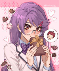 1boy 1girl absurdres blue_shirt blush bow box brown_eyes chocolate collared_shirt glasses haikyuu!! heart highres holding holding_box jacket layerscake looking_at_viewer orange_bow original portrait purple_bow purple_hair round_eyewear shirt smile speech_bubble tendou_satori twitter_username white_jacket