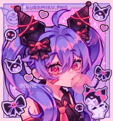 1girl aegyo_sal ahoge animal_ears bare_shoulders black_bow black_shirt black_sleeves blush border bow breasts bubble chewing_gum closed_mouth collared_shirt commentary cosplay detached_sleeves double-parted_bangs english_commentary fake_animal_ears frilled_shirt frills grid_background hair_between_eyes hair_bow hair_over_shoulder hatsune_miku hatsune_miku_(cosplay) heart highres horns humanization ijiinie kuromi looking_at_viewer lower_eyelashes_only necktie onegai_my_melody outside_border pink_background pink_border pink_eyes portrait purple_hair red_necktie red_trim sanrio shirt simple_background skull-shaped_pupils sleeveless sleeveless_shirt small_breasts solo sparkle sparkling_eyes symbol-shaped_pupils twintails vocaloid