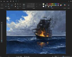 Rule 34 | art program in frame, burning, christian young, commentary, english commentary, horizon, microsoft paint (medium), microsoft paint (software), no humans, ocean, original, outdoors, painterly, pirate ship, reflection, reflective water, scenery, screencap, ship, smoke, still life, watercraft, waves