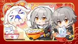 &gt;_&lt; 1boy 1girl ^^^ absurdres black_coat black_gloves black_pants black_skirt blush border bowl caelus_(honkai:_star_rail) chopsticks closed_eyes closed_mouth cloud coat creature dual_persona eating flower food gloves gou_lianlian_dogface grey_hair hair_between_eyes heart highres holding holding_bowl holding_chopsticks holding_spoon honkai:_star_rail honkai_(series) hood hooded_coat lapels long_hair long_sleeves looking_at_another looking_at_food on_chair open_clothes open_coat open_mouth outside_border pants pink_flower red_border shirt short_hair sidelocks sitting skirt smile soup spoon stelle_(honkai:_star_rail) sweatdrop t-shirt table tearing_up trailblazer_(honkai:_star_rail) trembling upper_body white_shirt wubbaboo_(honkai:_star_rail)
