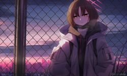 1girl black_hoodie black_mask blue_archive blue_sky breath brown_hair chain-link_fence city_lights cloud commentary_request dawn ear_piercing fence gradient_sky halo hands_in_pockets highres hood hooded_jacket hoodie jacket kis_sako mask mask_pull misaki_(blue_archive) mouth_mask orange_sky outdoors parted_lips piercing red_eyes red_halo short_hair sideways_glance sky skyline solo surgical_mask sweater turtleneck turtleneck_sweater twitter_username upper_body urban white_jacket white_sweater