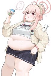 ! 1girl 7sufyfhysfsdkn0 belly blue_archive breasts fat fat_rolls fat_woman hair_bun hair_up halo highres medium_breasts midriff milk_carton natsu_(band)_(blue_archive) natsu_(blue_archive) navel open_clothes open_mouth open_shirt pink_eyes pink_hair print_shirt scrunchie shirt sidelocks single_hair_bun skirt solo spoken_exclamation_mark standing sweat t-shirt thick_thighs thighs tight_clothes white_background white_shirt